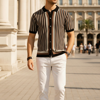 Men's Vertical Striped Short Sleeve Polo Shirt