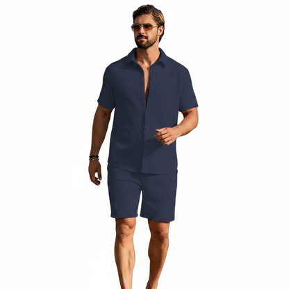 Men's Summer Two Piece Set with Textured Short Sleeve Shirt