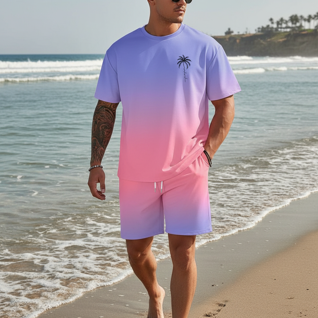 Men's Summer Two Piece Set with Short Sleeve Crew Neck T-Shirt