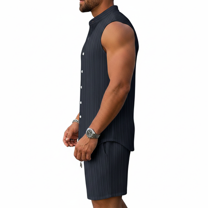 Men's Summer Two Piece Outfit with Sleeveless Button Down Shirt