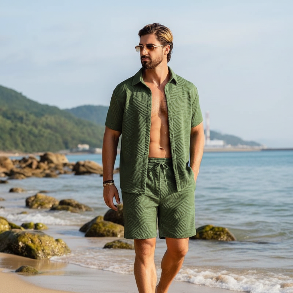 Men's Summer Two Piece Set with Textured Short Sleeve Shirt