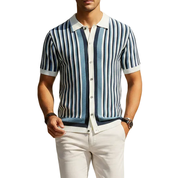 Men's Vertical Striped Short Sleeve Polo Shirt