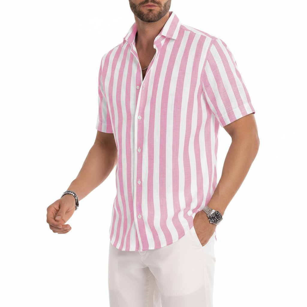 Men's Vertical Striped Short Sleeve Button Down Shirt