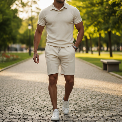 Men's Geometric Print Short Sleeve Polo Shirt with Matching Shorts Set
