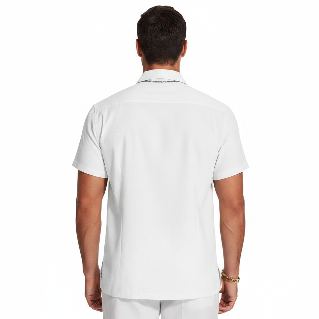 Men's Short Sleeve Button Down Shirt with Vertical Stripe Print