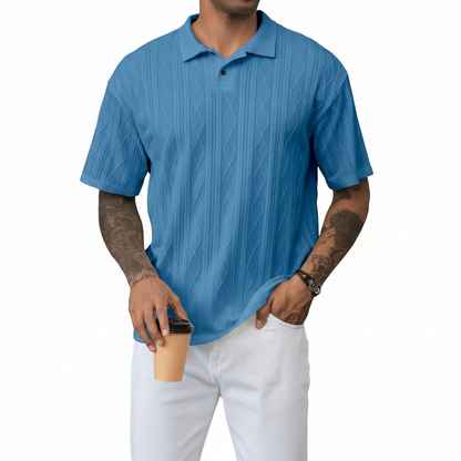Men's Textured Short Sleeve Polo Shirt in Cotton Blend Fabric