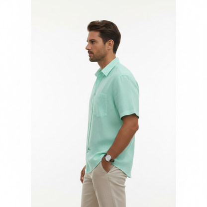 Men's Linen Short Sleeve Button Down Shirt with Chest Pocket